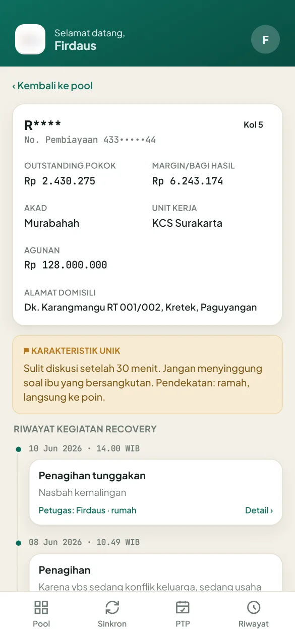 Detail kasus nasabah di aplikasi kolektor