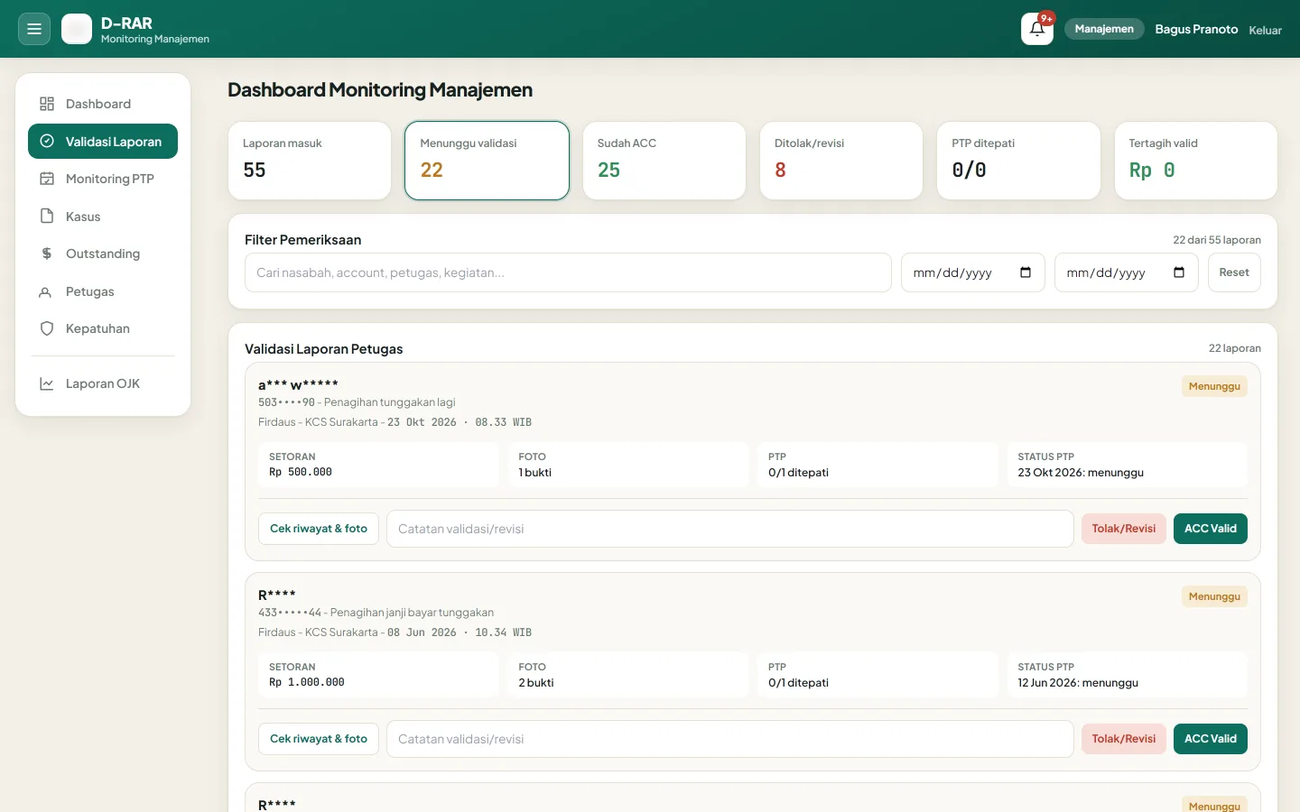 Validasi laporan kolektor di dashboard manajemen